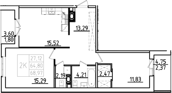 2-комнатная квартира 73.14 м², 9/9 эт., ЖК «IQ Гатчина 3»